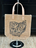 Jute Tote Bag  Ohio Design Leather Handle - Small