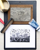 City Skyline Linoleum Ink Print - Ohio Cities