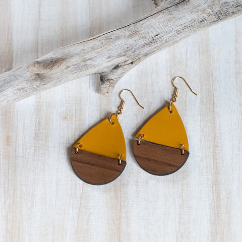 Wood and Leather Teardrop Earrings