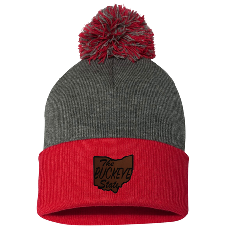 The Buckeye State Red and Grey Pom Pom Beanie