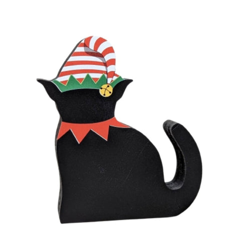 Black Cat Elf Holiday Wood Shelf Sitter
