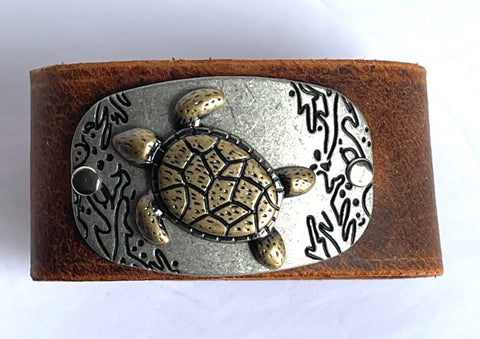 Sea Turtle Distressed Brown Leather Bracelet