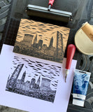 City Skyline Linoleum Ink Print - Ohio Cities