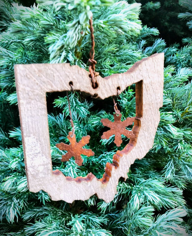Rustic Ohio Christmas Ornament with Tin Snow Flakes