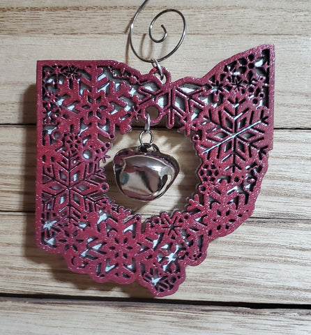 Ohio Red Snowflake Bell Multilayered Wood Wreath Ornament